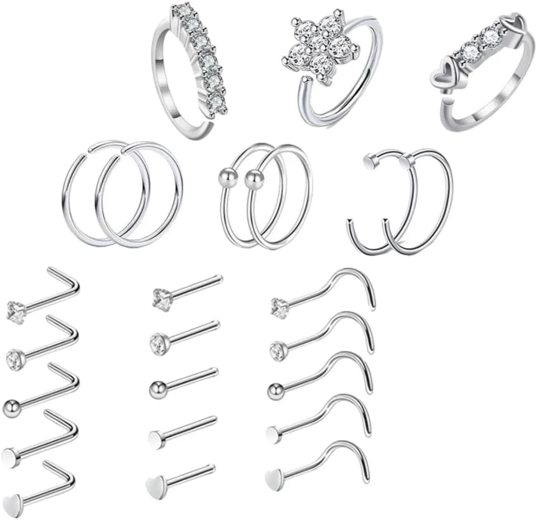 BESPORTBLE Nose Piercing Jewelry Set 24pcs Silver Nose Rings Zircon Women's Fashion