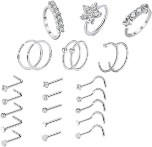 BESPORTBLE Nose Piercing Jewelry Set 24pcs Silver Nose Rings Zircon Women's Fashion