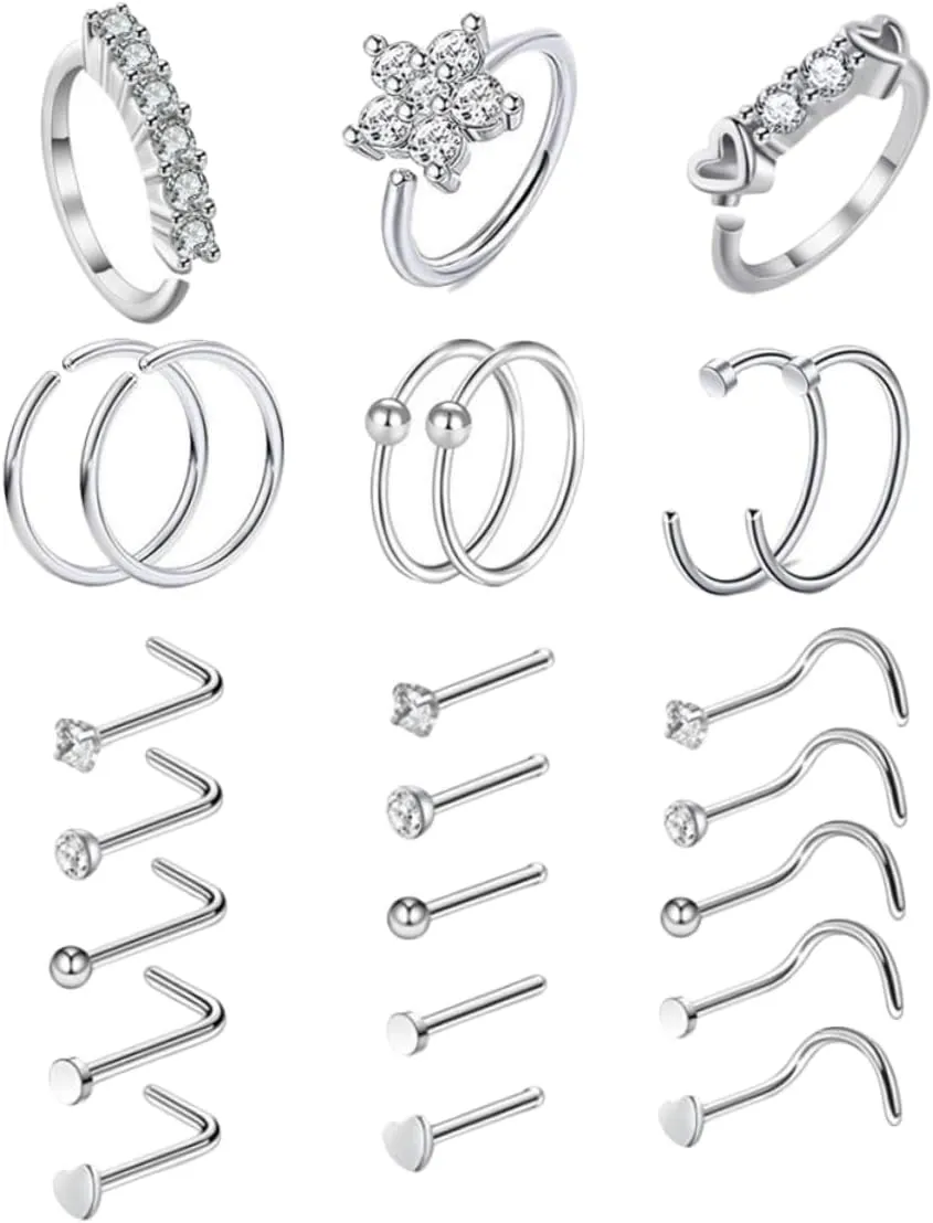 BESTYASH Nose Piercing Rings 24pcs Zircon Nose Jewelry Set Stainless Steel Nose Studs High Polish for Beauty