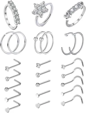 BESTYASH Nose Piercing Rings 24pcs Zircon Nose Jewelry Set Stainless Steel Nose Studs High Polish for Beauty