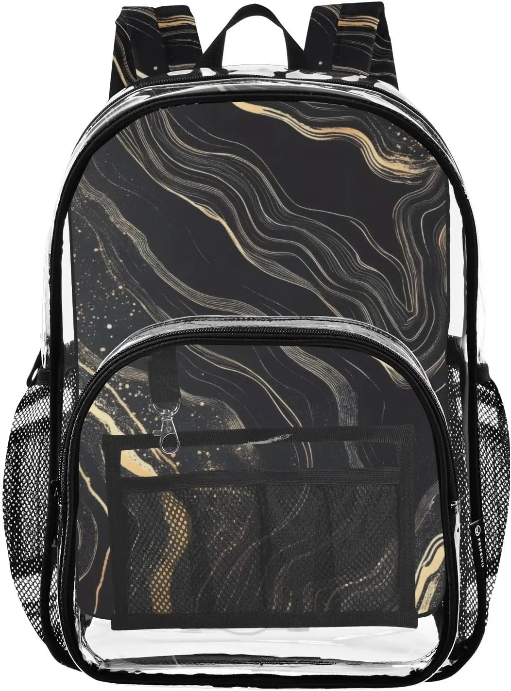 Black Gold Marble Clear Backpack with Back Print, Heavy Duty See Through Backpacks PVC Transparent Daypack for Travel Security