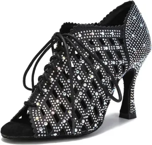 Black Latin Dance Shoes - Soft Bottom Sandals with 9CM (3.54") Heels for Ballroom, Salsa Training, Party