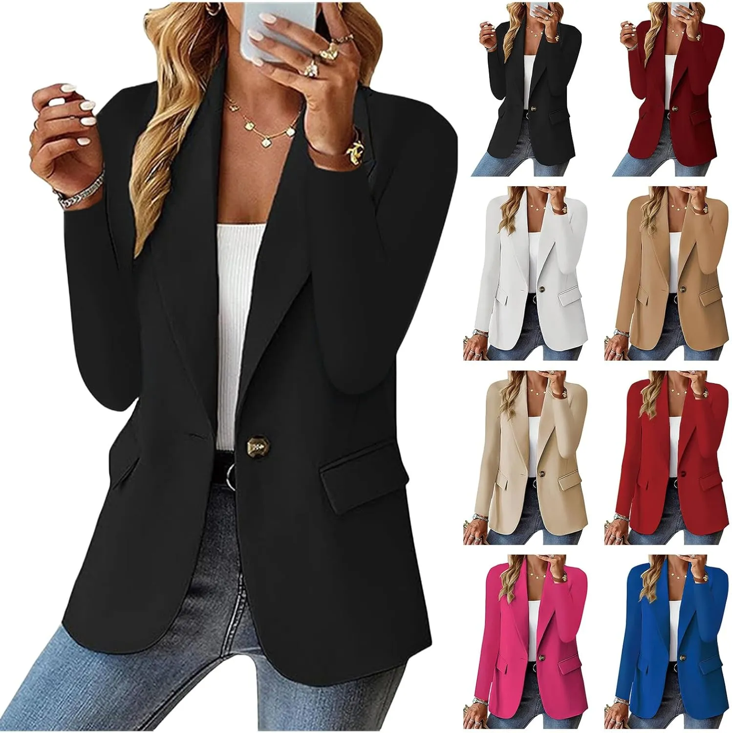 Blazers for Women One Button Work Office Suit Jackets Long Sleeve Notch Lapel Blazers Casual Lightweight Outwear