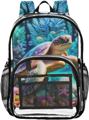 Blue Sea Turtle Clear Backpack with Back Print, Heavy Duty See Through Backpacks PVC Transparent Daypack for Travel Security