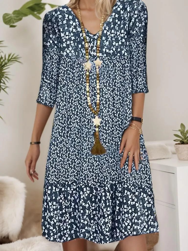 Bohemian Midi Dress for Women Summer Casual Floral Half Sleeve V Neck Flowy Beach Vacation Shift Long Tunic Dress