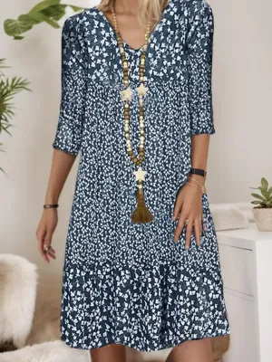 Bohemian Midi Dress for Women Summer Casual Floral Half Sleeve V Neck Flowy Beach Vacation Shift Long Tunic Dress