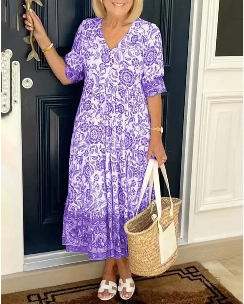 Boho Floral Maxi Dress for Women Loose Fit Flowy Lightweight Trendy A Line Ruffle Sleeve Sun Dress V Neck