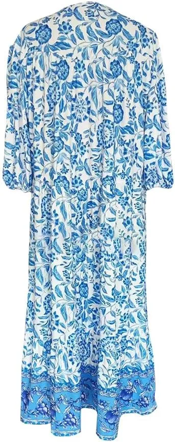 Boho Floral Maxi Dress for Women Loose Fit Flowy Lightweight Trendy A Line Ruffle Sleeve Sun Dress V Neck