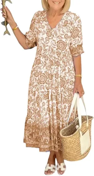 Boho Floral Maxi Dress for Women Loose Fit Flowy Lightweight Trendy A Line Ruffle Sleeve Sun Dress V Neck