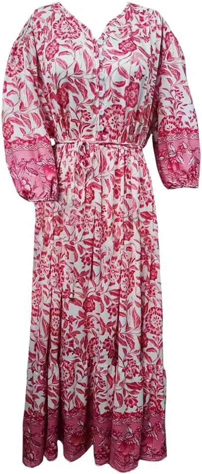 Boho Floral Maxi Dress for Women Loose Fit Flowy Lightweight Trendy A Line Ruffle Sleeve Sun Dress V Neck