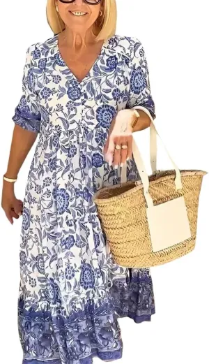 Boho Floral Maxi Dress for Women Loose Fit Flowy Lightweight Trendy A Line Ruffle Sleeve Sun Dress V Neck