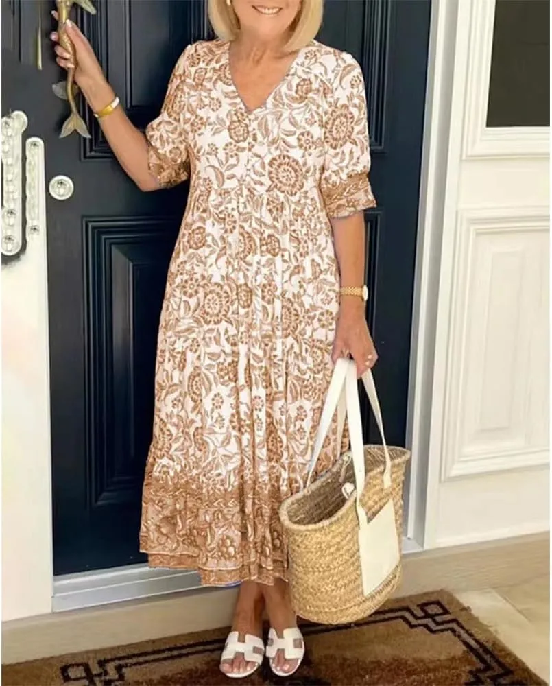 Boho Floral Maxi Dress for Women Loose Fit Flowy Lightweight Trendy A Line Ruffle Sleeve Sun Dress V Neck