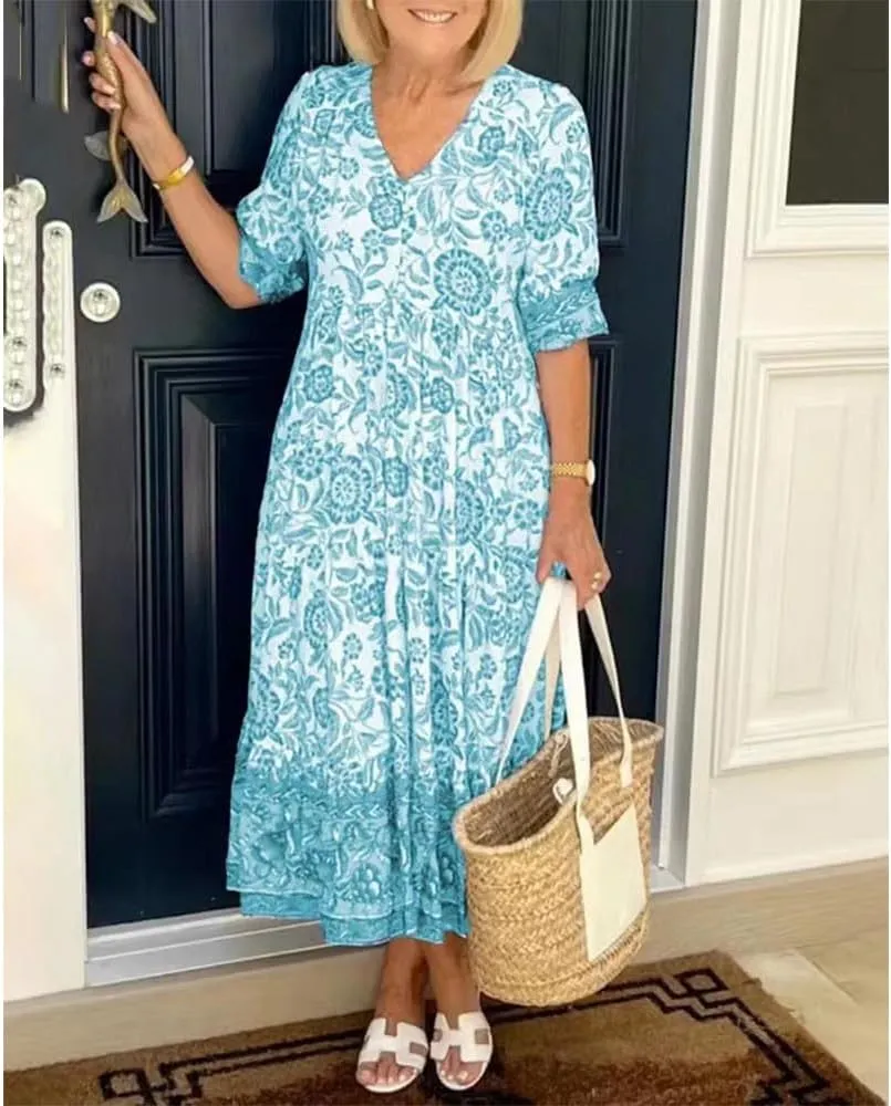 Boho Floral Maxi Dress for Women Loose Fit Flowy Lightweight Trendy A Line Ruffle Sleeve Sun Dress V Neck