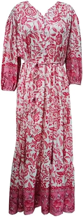 Boho Floral Maxi Dress for Women Loose Fit Flowy Lightweight Trendy A Line Ruffle Sleeve Sun Dress V Neck