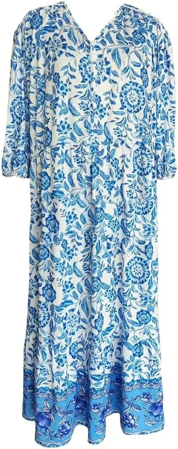 Boho Floral Maxi Dress for Women Loose Fit Flowy Lightweight Trendy A Line Ruffle Sleeve Sun Dress V Neck