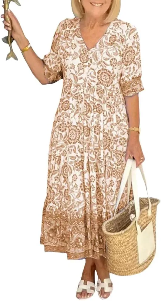 Boho Floral Maxi Dress for Women Loose Fit Flowy Lightweight Trendy A Line Ruffle Sleeve Sun Dress V Neck