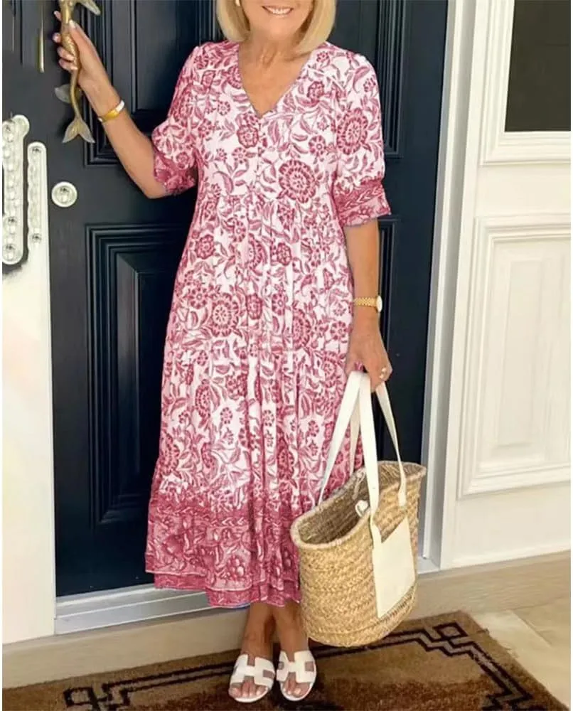 Boho Floral Maxi Dress for Women Loose Fit Flowy Lightweight Trendy A Line Ruffle Sleeve Sun Dress V Neck