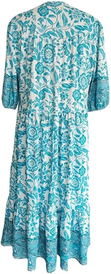 Boho Floral Maxi Dress for Women Loose Fit Flowy Lightweight Trendy A Line Ruffle Sleeve Sun Dress V Neck