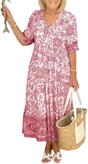 Boho Floral Maxi Dress for Women Loose Fit Flowy Lightweight Trendy A Line Ruffle Sleeve Sun Dress V Neck