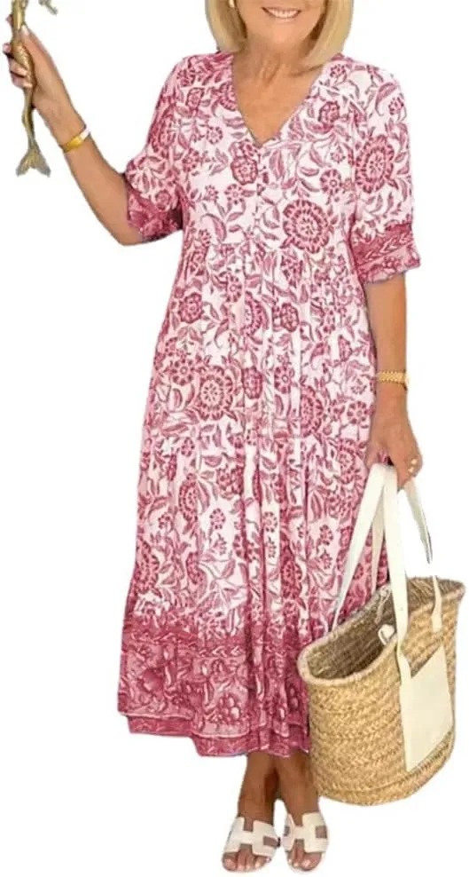 Boho Floral Maxi Dress for Women Loose Fit Flowy Lightweight Trendy A Line Ruffle Sleeve Sun Dress V Neck