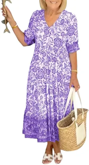 Boho Floral Maxi Dress for Women Loose Fit Flowy Lightweight Trendy A Line Ruffle Sleeve Sun Dress V Neck
