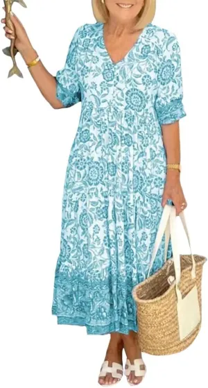 Boho Floral Maxi Dress for Women Loose Fit Flowy Lightweight Trendy A Line Ruffle Sleeve Sun Dress V Neck