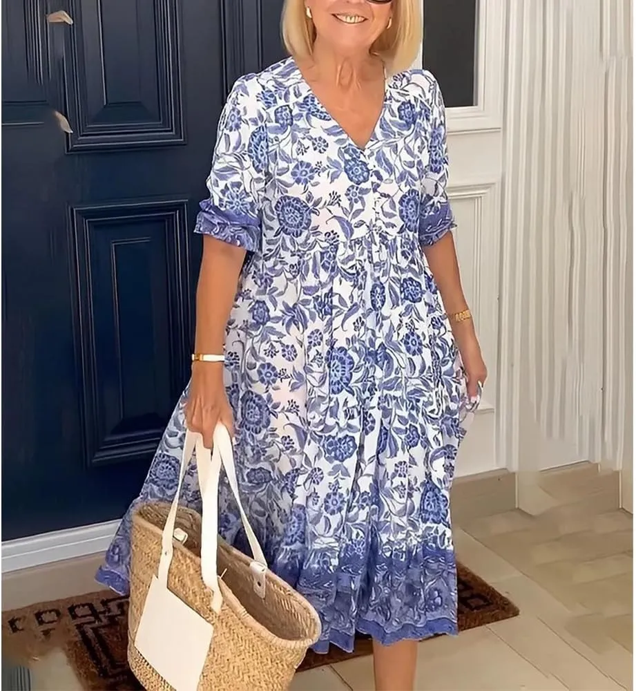 Boho Floral Maxi Dress for Women Loose Fit Flowy Lightweight Trendy A Line Ruffle Sleeve Sun Dress V Neck