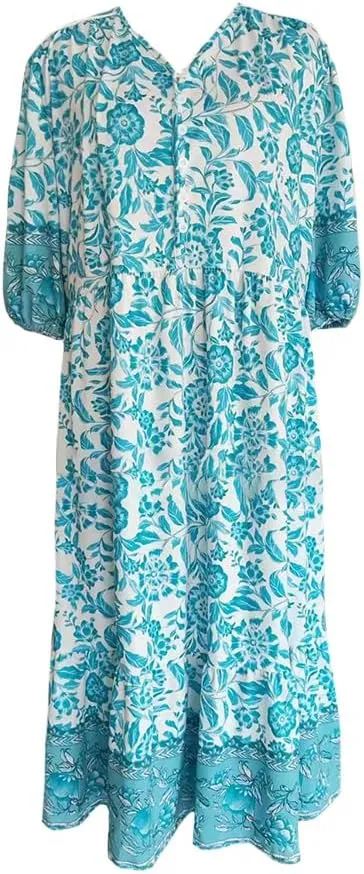 Boho Floral Maxi Dress for Women Loose Fit Flowy Lightweight Trendy A Line Ruffle Sleeve Sun Dress V Neck