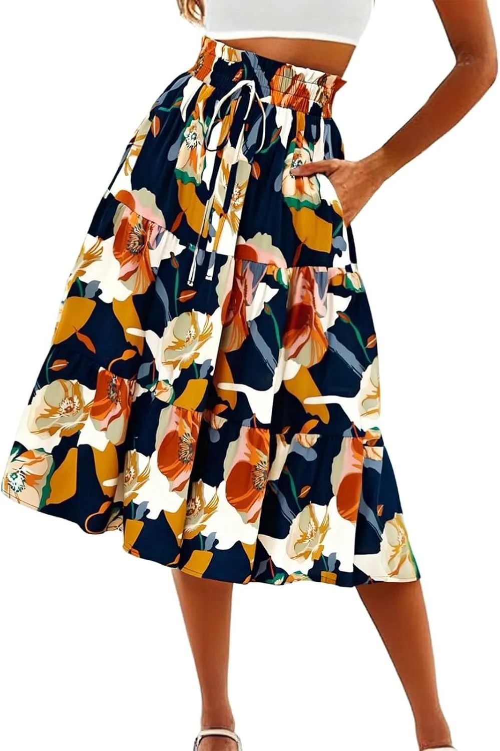 Boho Midi Skirts for Women A Line Pleated Tiered Floral Skirt Flowy Ruffle Hem Skater Skirt Summer Bohemian Clothes