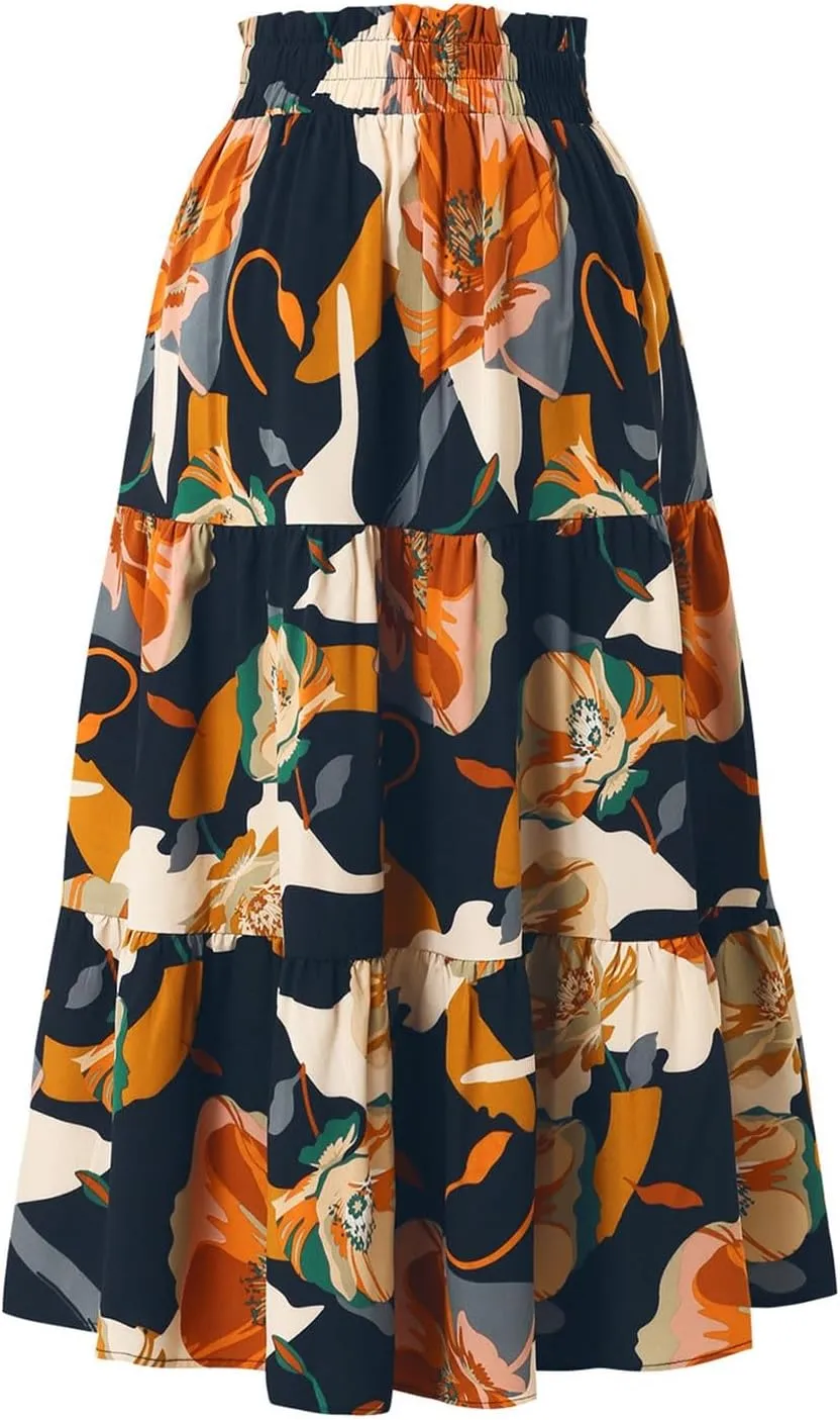 Boho Midi Skirts for Women A Line Pleated Tiered Floral Skirt Flowy Ruffle Hem Skater Skirt Summer Bohemian Clothes