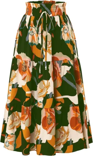Boho Midi Skirts for Women A Line Pleated Tiered Floral Skirt Flowy Ruffle Hem Skater Skirt Summer Bohemian Clothes