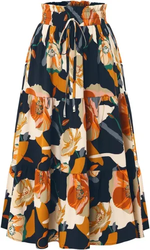 Boho Midi Skirts for Women A Line Pleated Tiered Floral Skirt Flowy Ruffle Hem Skater Skirt Summer Bohemian Clothes