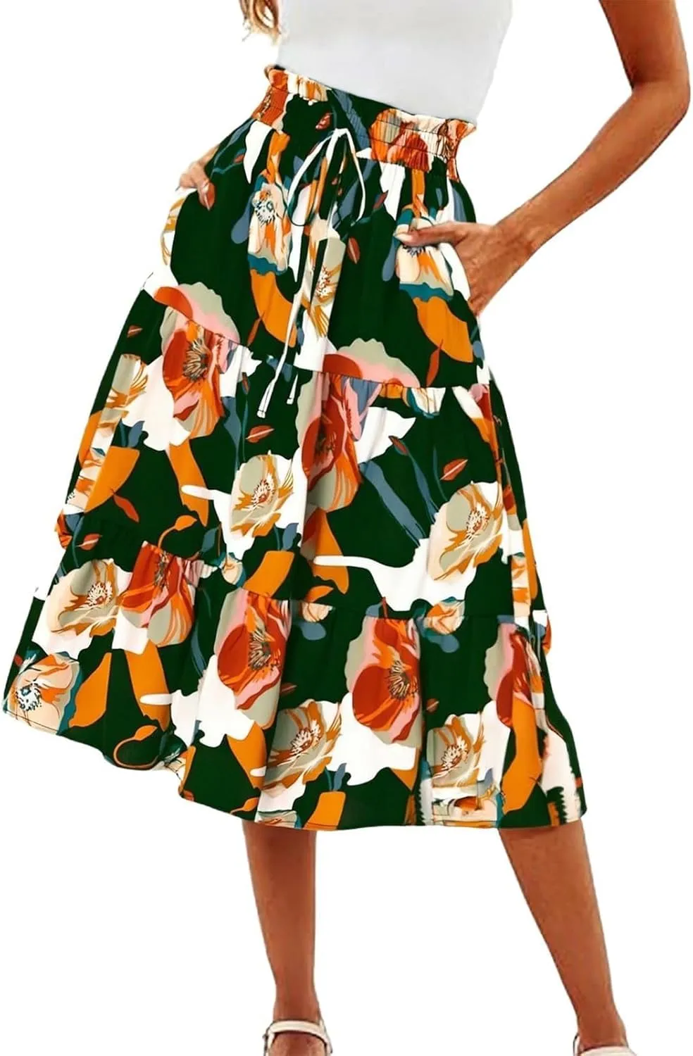Boho Midi Skirts for Women High Waisted Drawstring A Line Flowy Floral Tiered Skirt Summer Beach Swing Skater Skirt