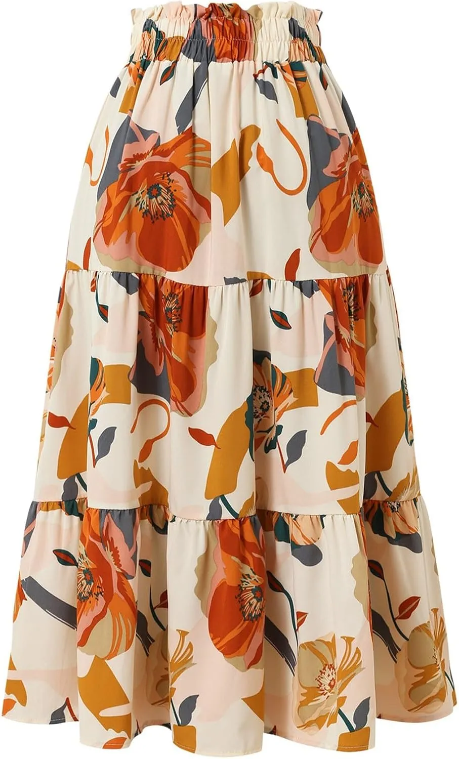 Boho Midi Skirts for Women High Waisted Drawstring A Line Flowy Floral Tiered Skirt Summer Beach Swing Skater Skirt