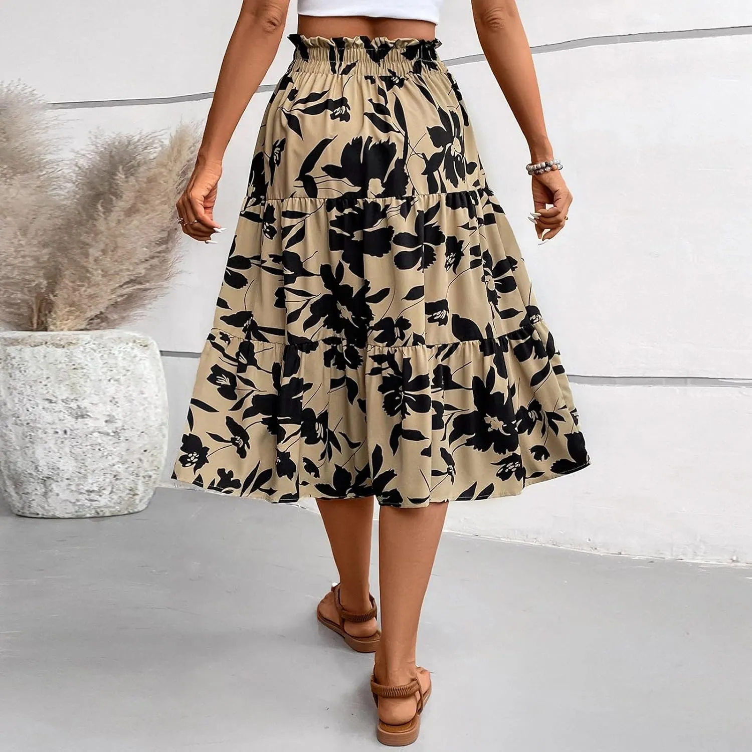 Boho Midi Skirts for Women High Waisted Drawstring A Line Flowy Floral Tiered Skirt Summer Beach Swing Skater Skirt