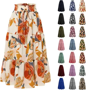 Boho Midi Skirts for Women High Waisted Drawstring A Line Flowy Floral Tiered Skirt Summer Beach Swing Skater Skirt