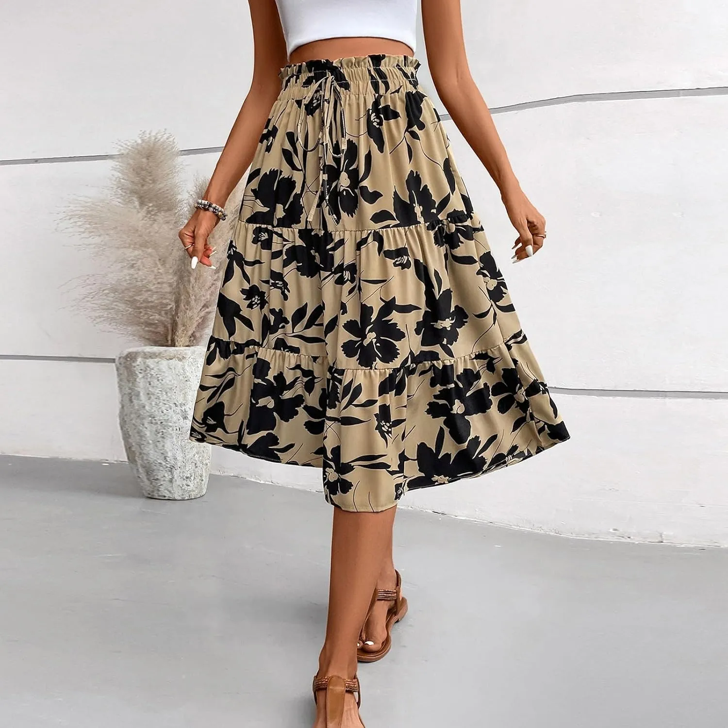 Boho Midi Skirts for Women High Waisted Drawstring A Line Flowy Floral Tiered Skirt Summer Beach Swing Skater Skirt