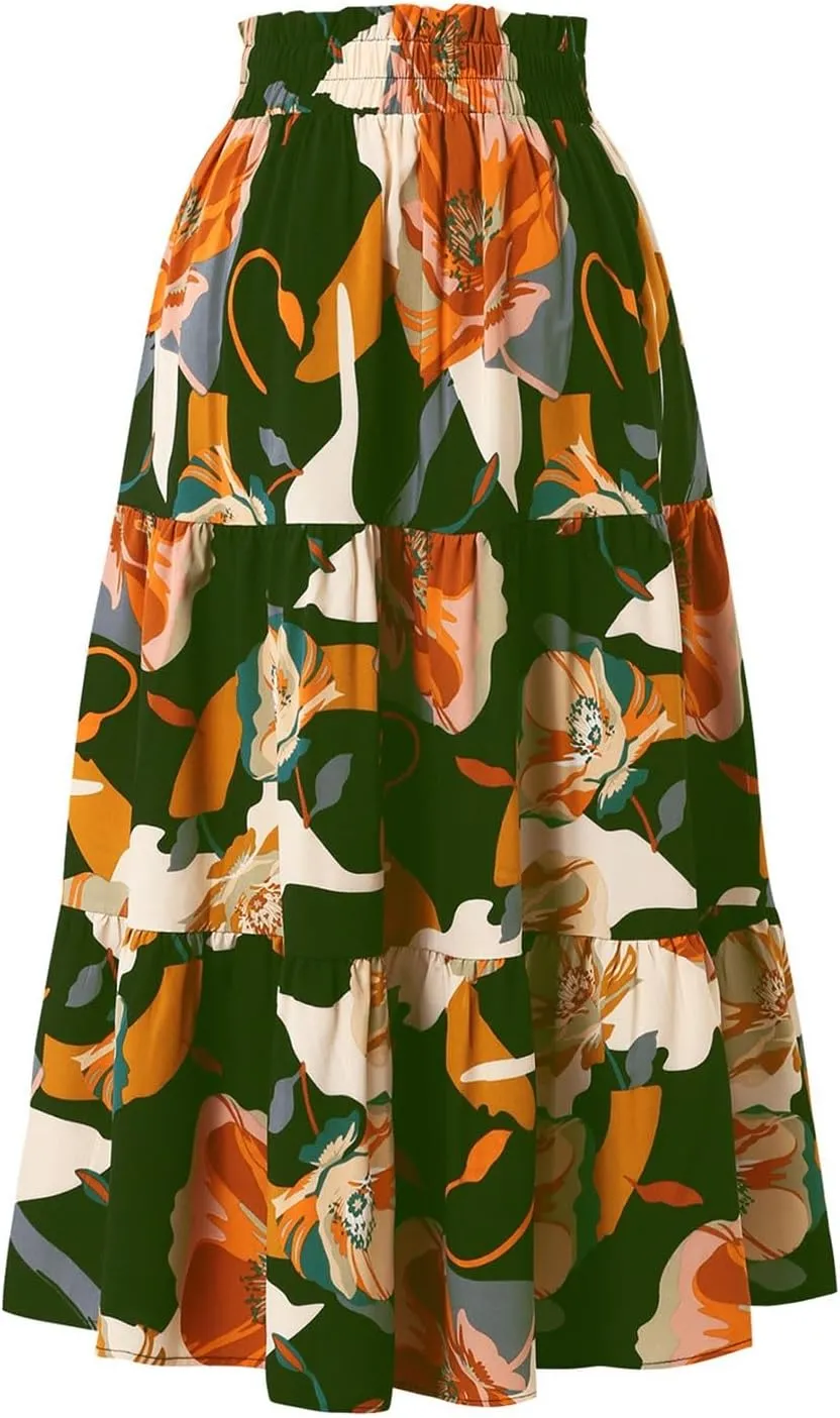Boho Midi Skirts for Women High Waisted Drawstring A Line Flowy Floral Tiered Skirt Summer Beach Swing Skater Skirt