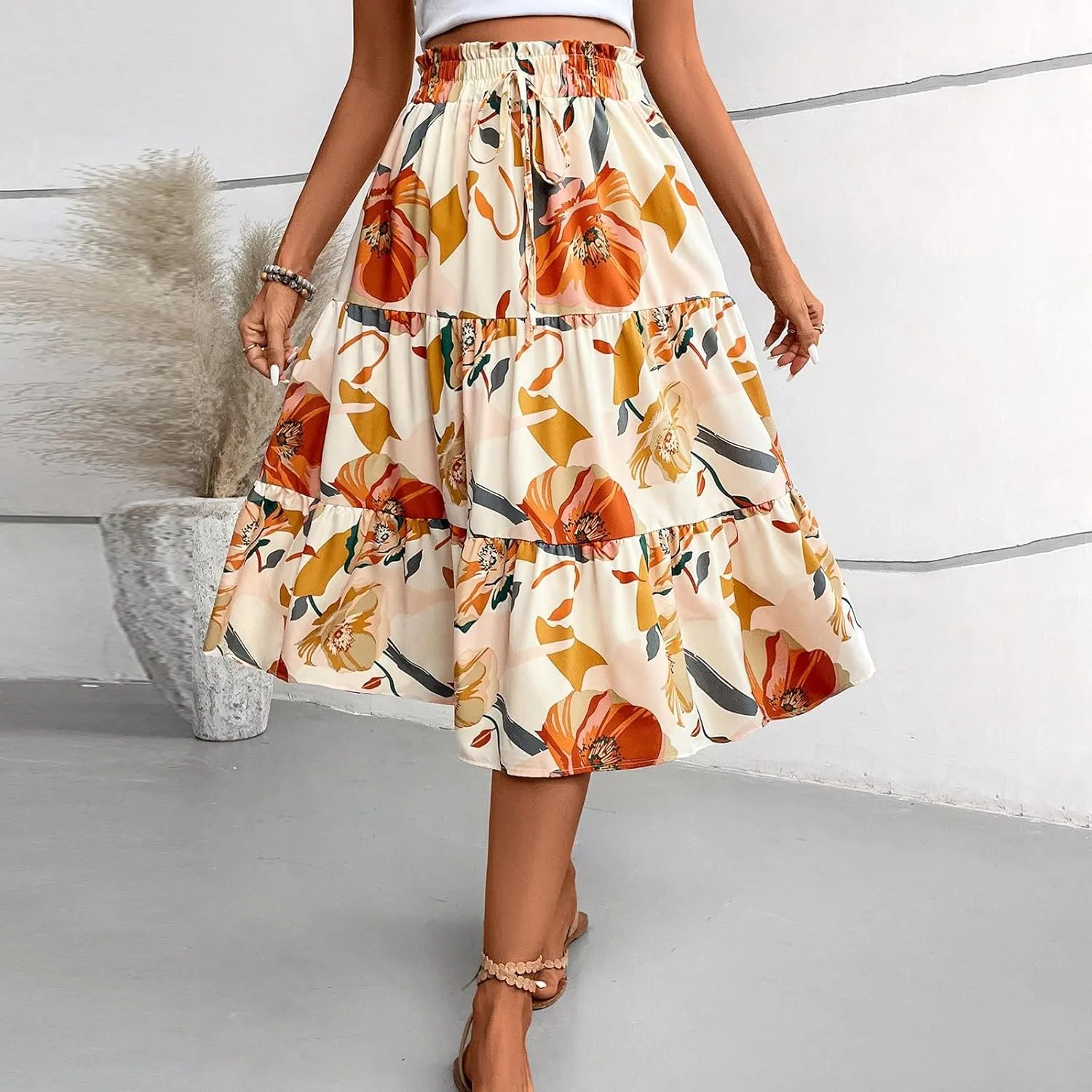 Boho Midi Skirts for Women High Waisted Drawstring A Line Flowy Floral Tiered Skirt Summer Beach Swing Skater Skirt