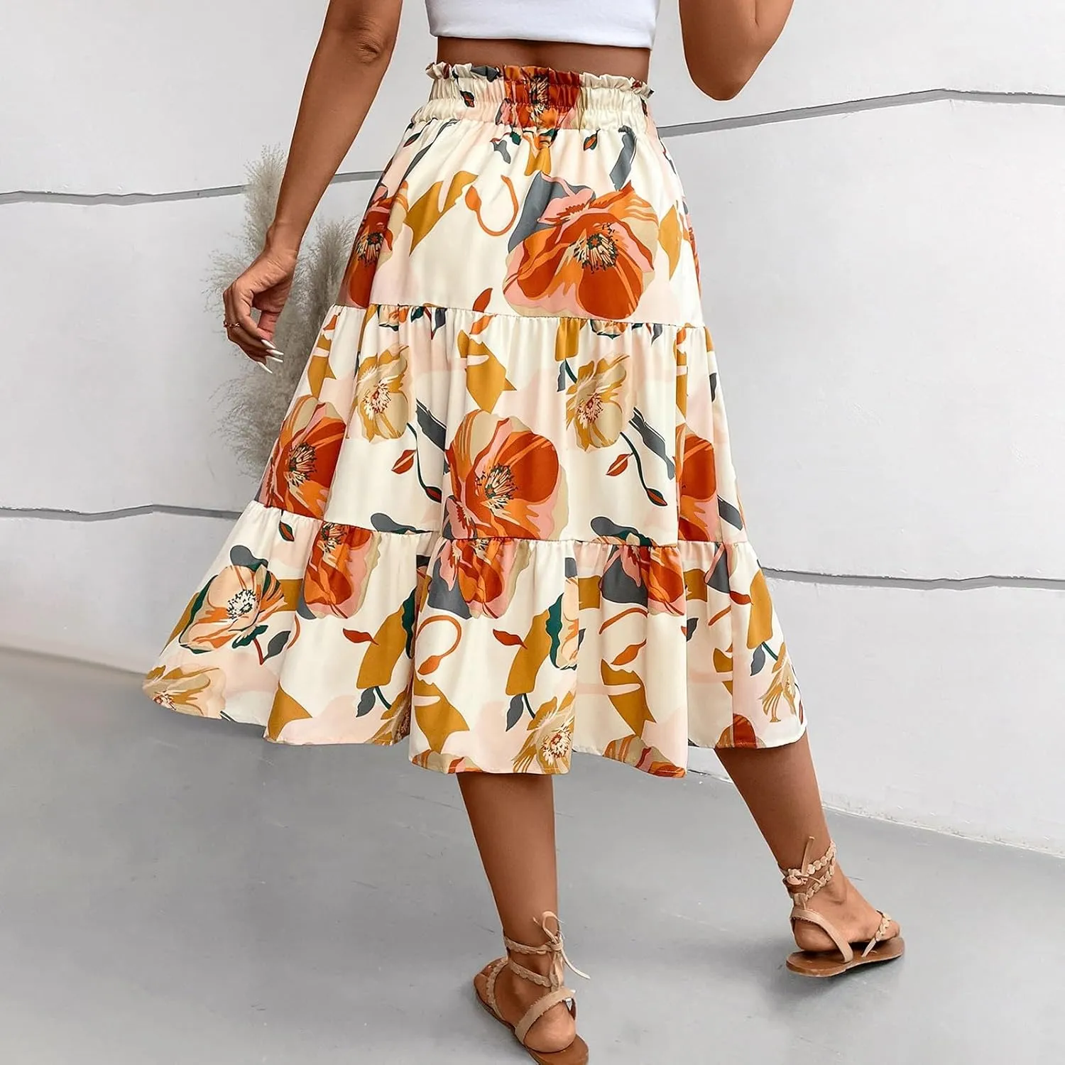 Boho Midi Skirts for Women High Waisted Drawstring A Line Flowy Floral Tiered Skirt Summer Beach Swing Skater Skirt