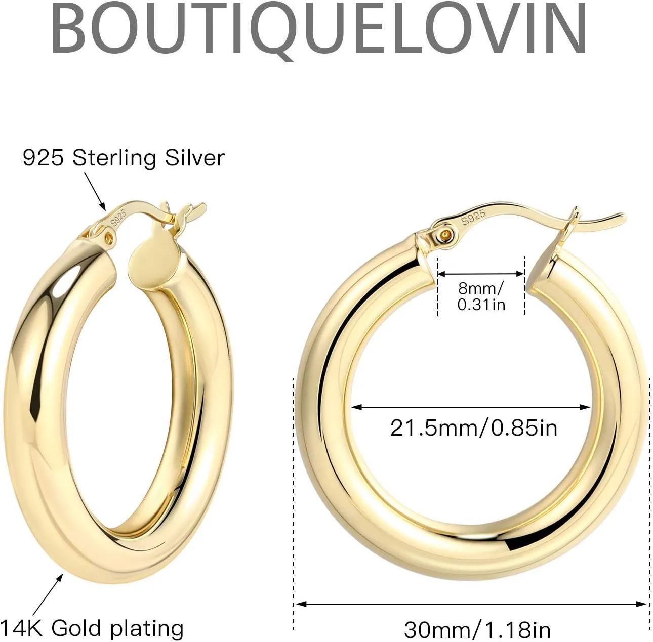 BOUTIQUELOVIN 14K Gold Plated Hoop Earrings for Women Hypoallergenic Thick Chunky Hoop Earrings Lightweight Tube Design
