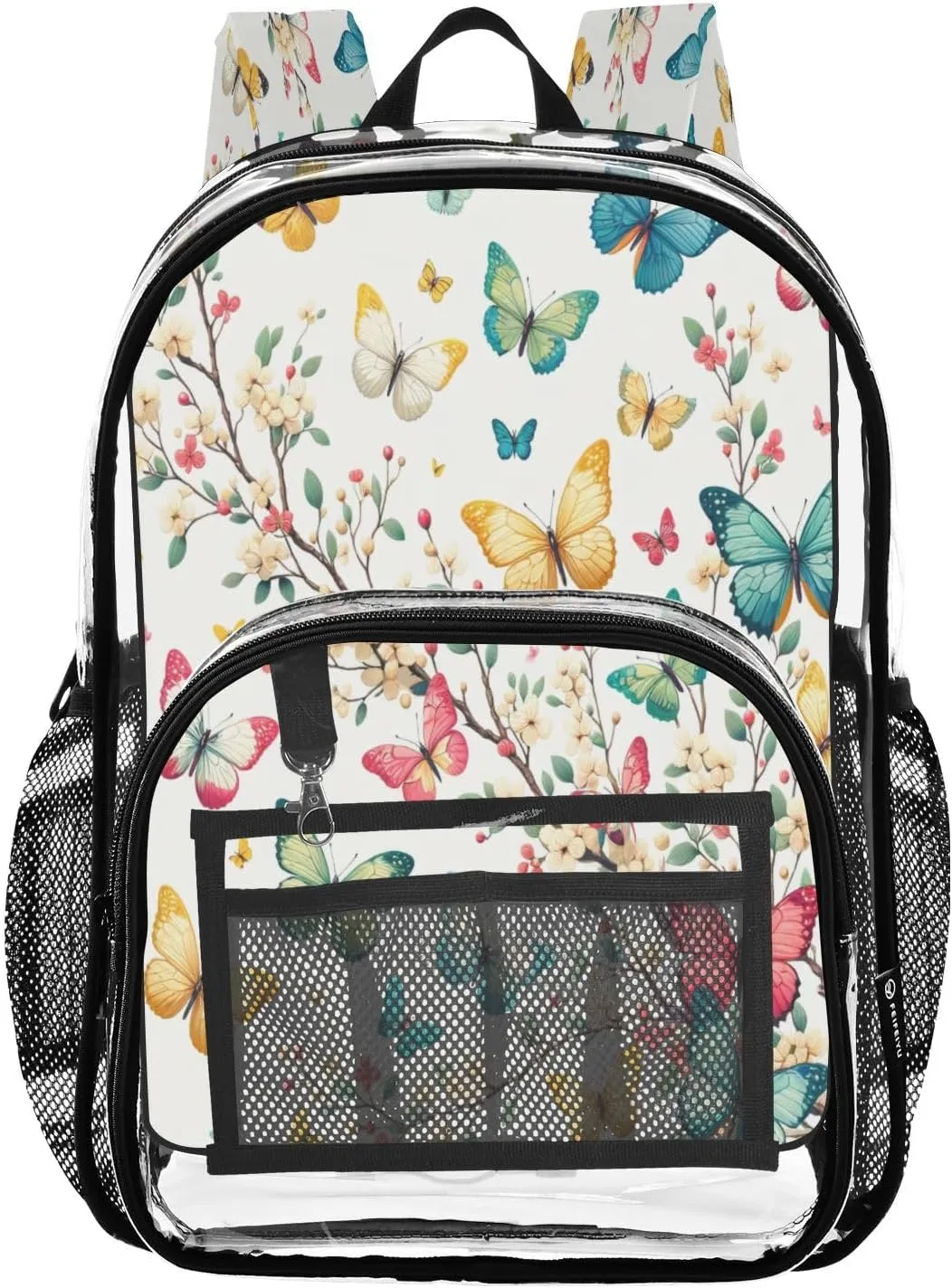 Bright Butterflies on Tree Clear Backpack with Back Print, Heavy Duty See Through Backpacks PVC Transparent Daypack for Travel Security