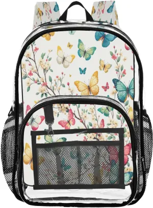 Bright Butterflies on Tree Clear Backpack with Back Print, Heavy Duty See Through Backpacks PVC Transparent Daypack for Travel Security