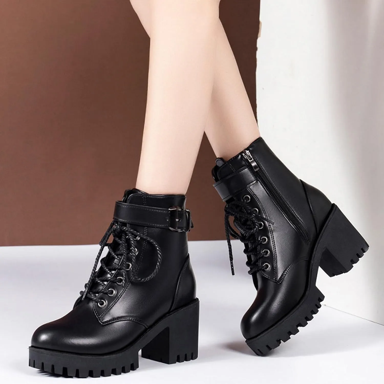 Brown Ankle Boots Botas Negras Para Mujer Women Leather Boots Women Wide Width Womens Leather Booties and Ankle Boots Women Lace Up Buckle Belt High Heels Platform Ankle Boots