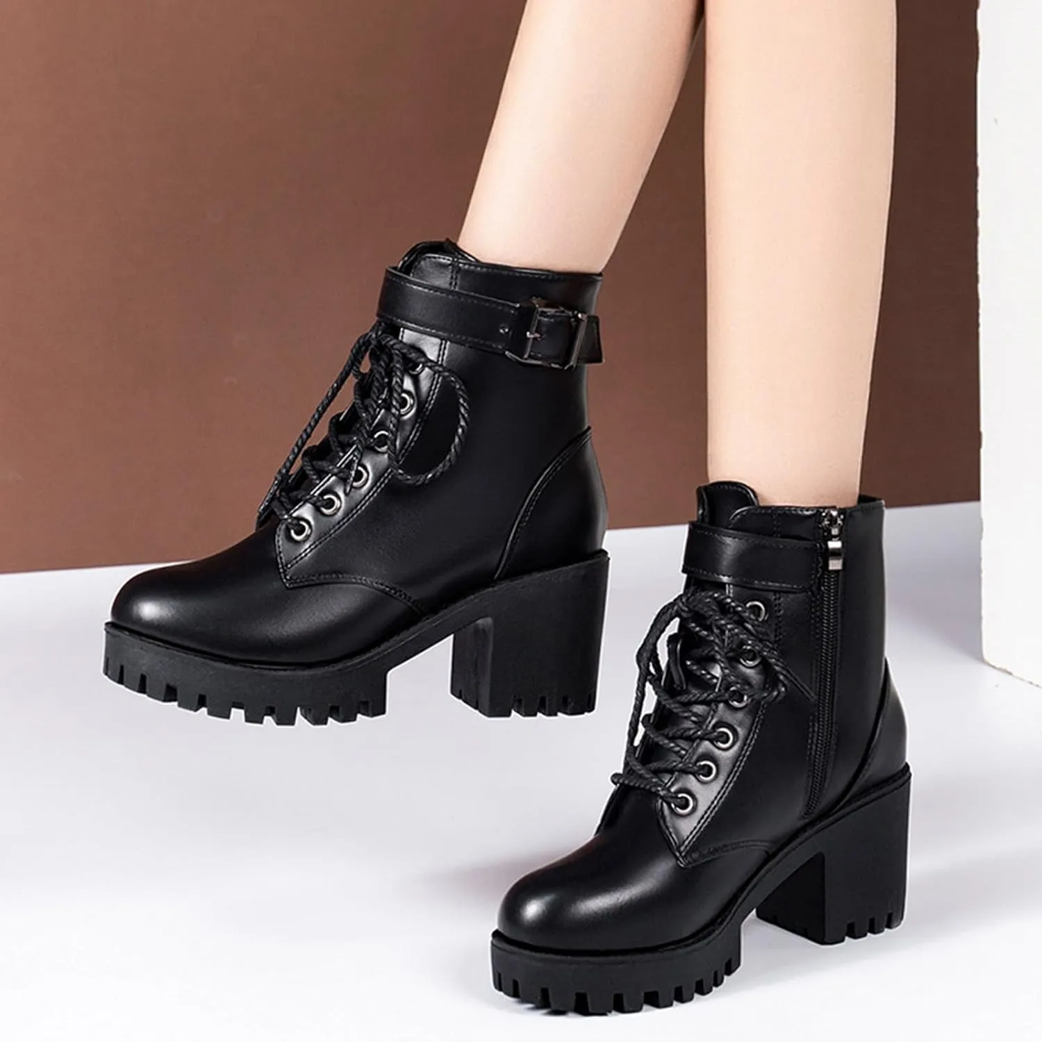 Brown Ankle Boots Botas Negras Para Mujer Women Leather Boots Women Wide Width Womens Leather Booties and Ankle Boots Women Lace Up Buckle Belt High Heels Platform Ankle Boots
