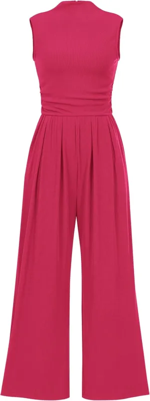 BTFBM One Piece Jumpsuits For Women Dressy Casual Spring Summer Outfits 2025 Sleeveless Mock Neck Wide Leg Pants Rompers