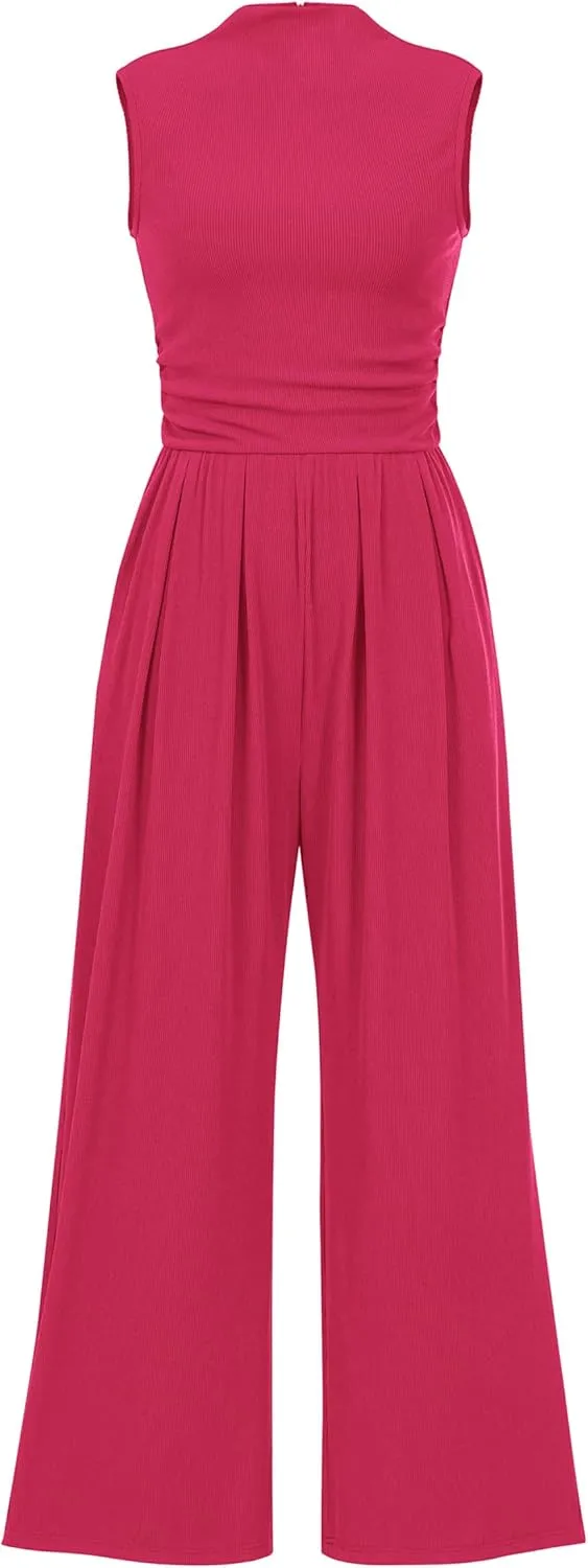 BTFBM One Piece Jumpsuits For Women Dressy Casual Spring Summer Outfits 2025 Sleeveless Mock Neck Wide Leg Pants Rompers