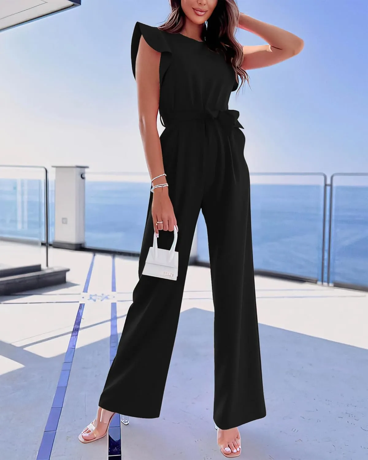 BTFBM Women Jumpsuits Crew Neck Ruffle Cap Sleeve Belted High Waist Wide Leg Romper with Pockets One Piece Casual Outfits
