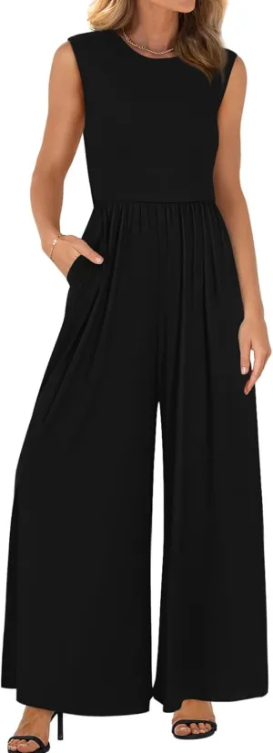 BTFBM Womens Casual Jumpsuits Dressy 2025 Summer One Piece Outfits Crew Neck Sleeveless Knit Wide Leg Pants Romper