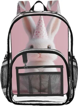 Bunny with Party Hat Clear Backpack with Back Print, Heavy Duty See Through Backpacks PVC Transparent Daypack for Travel Security